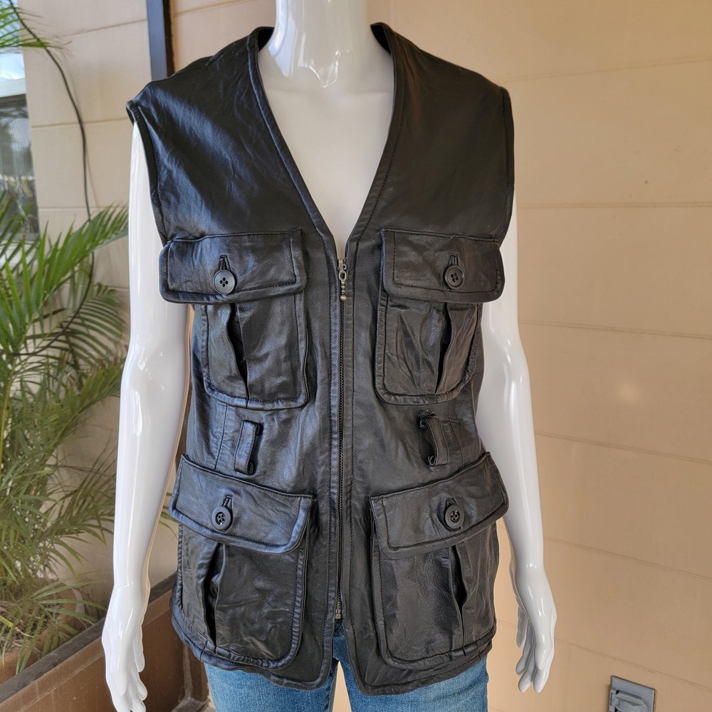 Synergy Black Leather Vest Multi-Pocket Tactical Women's S Gorpcore Biker Grunge